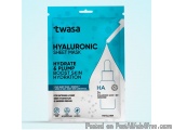 The image is of a product packaging for a hyaluronic sheet mask. The packaging is a light blue color with white text and an i...