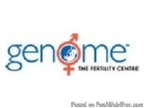 The image is a logo for a company called "genome". The logo is written in a modern, sans-serif font and is in blue and red co...