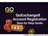 The image is a graphic design for GoExchange9 Account Registration Step-by-Step Guide. It has a dark blue background with the...