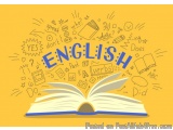 The image is an illustration of an open book with the word "English" written in blue capital letters in the center. Surroundi...