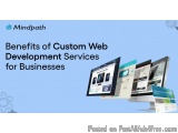The image is a banner or advertisement for Mindpath's benefits of custom web development services for businesses. It has a bl...