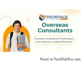 The image is a banner or advertisement for Triospace Overseas Consultants in Hyderabad. It has a white background with a blue...