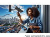 The image shows a young woman with an afro hairstyle, wearing a blue shirt and overalls, standing on a window sill and lookin...