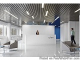 The image shows a modern office lobby with a high ceiling and white walls. The floor is made of white tiles and there are two...