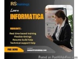 The image is an advertisement for a free demo on RS Trainings' Learn Informatica. The background is black and the text is in...