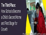 The image shows a young woman in a red jacket working on a computer in a classroom. She is standing in front of a desk with a...