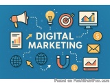 The image is a graphic design that represents the concept of digital marketing. It has a blue background with the word "DIGIT...