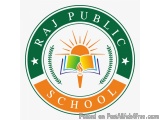 The image is the logo of Raj Public School. It is a circular emblem with a green background and a white border. In the center...