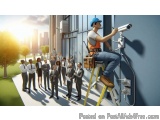 The image shows a man on a ladder working on a security camera mounted on the side of a building. He is wearing a blue hard h...