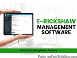 The image shows a person's hand holding a tablet with the text "E-Rickshaw Management Software" on the screen. The background...