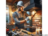 In this image, we can see a man wearing a hard hat and overalls, working in a kitchen. He is standing in front of a brick fir...