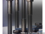 The image shows a group of four black threaded bolts. The bolts are arranged in a horizontal line, with the largest bolt in t...