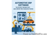 The image is an illustration of an automotive ERP software. It shows a man working on a laptop in front of a large screen wit...