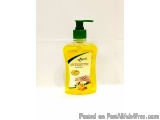 The image is of a yellow plastic bottle with a green pump dispenser. The bottle is labeled with the brand name "Antiseptic Ha...