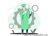 The image is an illustration of a young man wearing a green graduation cap and gown. He is standing in front of a green backg...