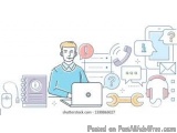 The image is an illustration of a man sitting at a desk with a laptop in front of him. He is wearing a blue sweater and has a...