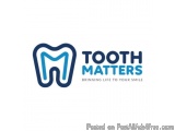 The image is a logo for a dental clinic called "Tooth Matters". The logo is a blue and white design with the words "TOOTH MAT...