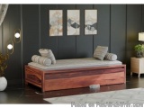 The image shows a modern bedroom with a wooden bed in the center. The bed has a wooden frame with a dark brown finish and a w...