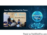 The image is a banner or advertisement for a company called "eMexico Automation Testing". The background of the banner is blu...
