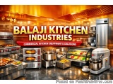 The image is an advertisement for Balaji Kitchen Industries, a commercial kitchen equipment and solutions company. The backgr...