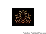 The image is a square with a black background. In the center of the square, there is an orange line drawing of a lotus flower...