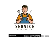 The image is a logo or emblem for a service company. It features a young man wearing a blue overalls and a yellow shirt, hold...