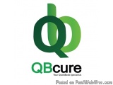 The image is a logo for a company called "QB Cure". The logo is made up of two green letters, one in the shape of a letter "Q...