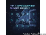 The image is an infographic that showcases the top 15 app development agencies in Europe. The background of the image is a da...