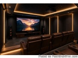 The image shows a home theater room with a large flat-screen TV mounted on the wall. The TV is displaying a beautiful landsca...