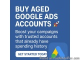 The image is an advertisement for buying aged Google Ads accounts. It has a blue background with white text that reads "Buy A...