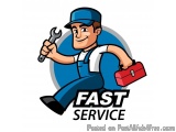 The image is a logo for a fast service company. It features a cartoon illustration of a plumber holding a wrench and a red to...
