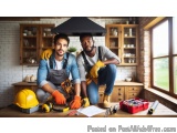 The image shows two young men in a kitchen, both wearing overalls and gloves. They are kneeling on a wooden workbench with va...