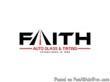 The image is a logo for a company called Faith Auto Glass & Tinting. The logo is written in black and red text on a white bac...