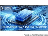The image shows a battery pack EOL test method. The battery pack is placed on top of a circuit board with a blue background....