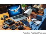 The image shows a person sitting at a desk with a laptop in front of them. On the laptop screen, there is an image of a bird...