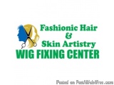 The image is a logo for a hair and skin artistry wig fixing center. The logo is rectangular in shape and has a green backgrou...