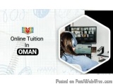 The image is a graphic design for an online tuition in Oman. It has a white background with a blue and green abstract pattern...