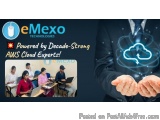 The image is an advertisement for EMexico Technologies, a company that is powered by decade-strong AWS cloud experts. The bac...