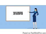 The image shows a woman in a blue dress standing in front of a whiteboard with the words "Sales Executive Job Description" wr...