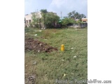 The image shows an empty field with a yellow post box in the center. The field is covered in grass and there is a pile of dir...
