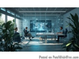 The image shows a modern office space with a large window on the left side. The room has a high ceiling with a grid-like patt...