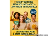 The image is an advertisement for a gift card offer. It has a yellow background with a group of four young people, two men an...