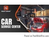 The image is an advertisement for a car service center called Smart Garage. The background of the image is a garage with a re...