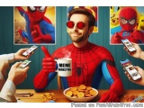 The image shows a man dressed as Spiderman sitting at a table with a plate of cookies in front of him. He is wearing a red an...