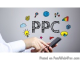 The image shows a hand holding a black smartphone with the word "PPC" written in white capital letters above it. Surrounding...