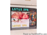 The image is of a sign for a spa called Lotus Spa. The sign is located in a room with a white tiled floor and a black wall. T...