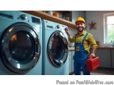 The image shows a man wearing a yellow hard hat and overalls, standing in front of a washing machine in a laundry room. He is...