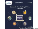 The image is an infographic that explains the concept of blockchain time tracking and work logs. It has a dark blue backgroun...