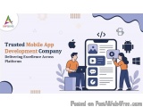 The image is an illustration that represents the concept of trusted mobile app development company. It shows two people, a ma...