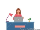 The image shows a young woman sitting at a desk with a laptop in front of her. She is wearing a pink shirt and has long brown...